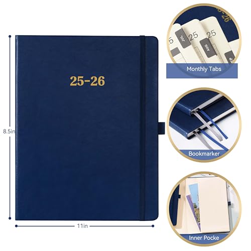 Planner 2025-2026 - Academic Planner 2025-2026, Leather Calendar Weekly and Monthly, 9\"x11\", July 2025 - June 2026, Leather Hardcover, Pen Loop, Elastic Closure, Pocket - Navy