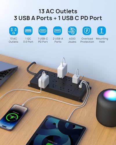 Image of TROND 10ft Surge Protector Power Strip with 32W USB, 4000J,ETL Listed,Black