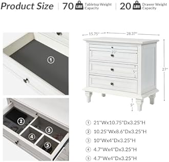 HULALA HOME Farmhouse 3 Drawer End Table with Tray, Drawer Organizer with Solid Wood Legs, End Table with Charging Station（White）