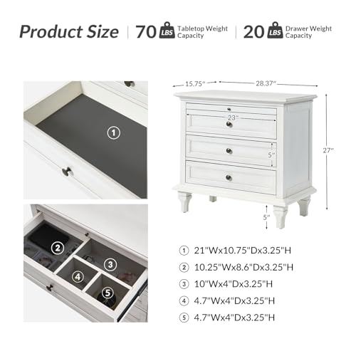 HULALA HOME Farmhouse 3 Drawer End Table with Tray, Drawer Organizer with Solid Wood Legs, End Table with Charging Station（White）