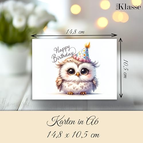 E&G Klasse Tier Aqaurell Geburtstagskarte Glückwunschkarte Postkarte mit Kraftpapier Umschlag Süßen Tieren mit Happy Birthday bedruckt (Eule)
