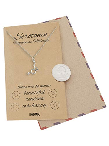 Quan Jewelry Serotonin Dna Happiness Molecule Pendant Necklace, Unique Birthday Gifts For Women With Good Vibes Message On Greeting Card, Silver Tone Adjustable Chain 16" To 18" #TOP3