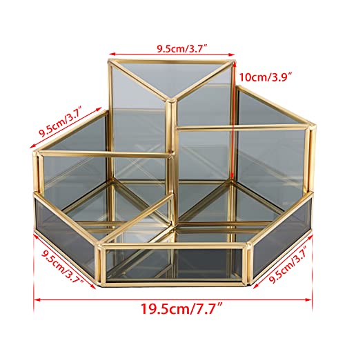 Elldoo Multi-Functional Geometric Triangle Makeup Brush Holder, Gold Clear Black Glass Composite Hexagon Tray Jewery Organizer Nail Polish Skincare Perfume Lipstick Holder Storage For Dresser Bedroom #TOP1