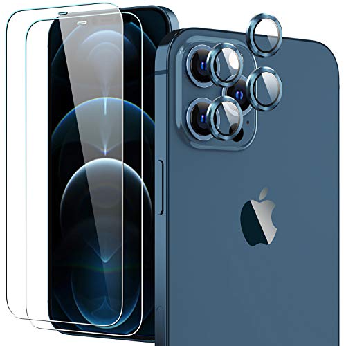 [2 + 4 Pack] 2 Pack Screen Protector Tempered Glass Compatible with iPhone 12 Pro Max 6.7 inch + 4 Pack Metal Camera Lens Protector for iPhone 12 Pro Max [HD Clear] [Case Friendly] [Anti-Scratch] (Pacific Blue)