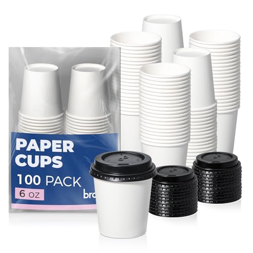 Fit Meal Prep 100 Pack 6 oz Disposable Coffee Cups with Lids Premium To Go Paper Cups Leak Proof Hot Coffee Cups with Lids for Travel Office Hot/Cold Beverages (Black Lids)