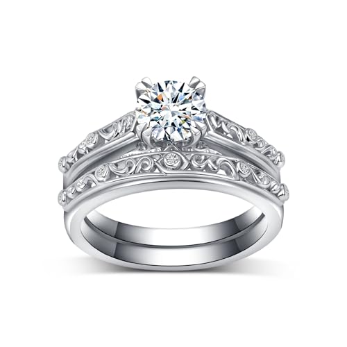 Vintage Moissanite Wedding Ring Set for Women, 18K White Gold Platinum Plated Engagement Ring Sets 925 Sterling Silver Bridal Ring Set Her Gift for Wedding Anniversary Christmas