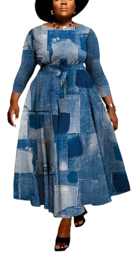 Image of BFFBABY Women's Wrap V Neck Plus Size Maxi Dresses 3 /4 Sleeves Chain Floral Printed Swing Dress with Belt
