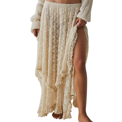 Women Lace Long Skirt High Waist Ruffle Irregular Hem Layered Skirt Solid Sheer Y2k Summer Outfit
