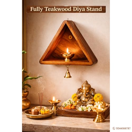 Image of 100% Teakwood Wall Mounted Diya Stand with Brass Bell | Wooden Vilakku Madam for Home Pooja Room, Mandir & Festive Decor (1)