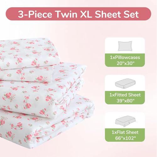 Image of MUXHOMO TwinXL Size 4 Piece Sheet Set, Soft Breathable Bed Sheet Set for Bedroom with Deep Pocket Up to 16 inch, Wrinkle-Free & Cooling Bedding for Oeko-TEX Certified - Blossoms Light Pink