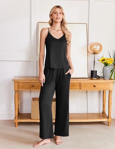 Image of Ekouaer Womens Y2K Cami Pajama Set with Flare Pants, 2 Piece Lace Trim Sleepwear Spaghetti Strap Pjs Set XS-2XL