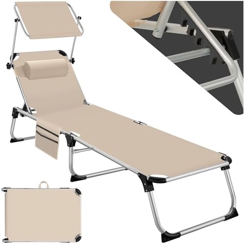 TecTake® Tumbona Jardín Exterior de Aluminio, Tumbona Plegable con Reposacabezas, Parasol y Bolsillo Lateral, Tumbona Playa Reclinable en 6 Posiciones, Tumbona Piscina Resistente a Intemperie - Beige