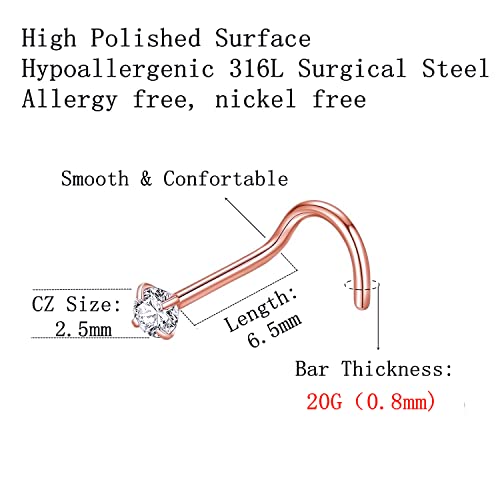 BLESSMYLOVE 316L Surgical Steel 22g/20g/18g Nose Rings Studs L-Shape Nose Nostrial Piercing Body Jewerly L Shaped Nose Studs 1.5mm 2mm 2.5mm 3mm CZ Nose Screw Studs Rings for Women