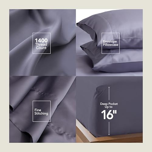 Image of EPITEX Solid 4 Piece Queen Sheet Set - Viscose Derived from Bamboo, 1400 Thread Count, Breathable and Cooling Bed Sheets Set, Luxurious Silky Bedding for Hot Sleeper, Deep Pocket Up to 16'', Charcoal