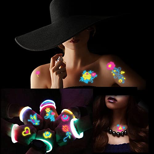 Howaf 9 Large Sheets Neon Glow In The Dark Temporary Tattoos,100+ Assorted Designs Glow Uv Neon Body Face Flowers Butterfly Flash Fake Waterproof Tattoo Stickers For Women Men Girls Body Art #TOP4