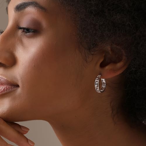 LeCalla 925 Sterling Silver Greek Key Hoop Earrings Lightweight Click-Top Greek Wall Cut-Out Pattern Earring Hoops for Women3