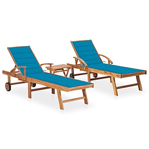 SKM Tumbonas con Mesa y cojín 2 Unidades Madera Maciza de Teca,Mobiliario,Muebles de jardín,Asientos de Exterior,Tumbonas,Azul,44.17 kg,3073175