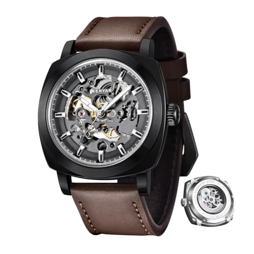 Image of Benyar Automatic Watches for Men | Skeleton Mechanical Leather Strap Mens Watch | 45mm Dial | 30M Waterproof | Men's Stylish Gift
