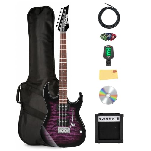 Ibanez GRX70QA RG Gio Electric Guitar - Transparent Violet Sunburst Bundle with Amp, Gig Bag, Tuner, Instrument Cable, Picks, Austin Bazaar Instructional DVD, and Polishing Cloth