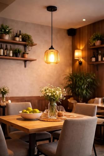 Image of Modern Glass Hanging Pendant Light with E27 Holder | Warm Yellow Glow Decorative Ceiling Lamp for Living Room, Bedroom, Dining Area, Cafe & Restaurant