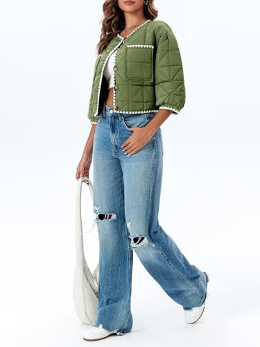 Tankaneo Womens Cropped Quilted Jacket Winter Lightweight Puff 3/4 Sleeve Button Down Contrast Trim Coat4
