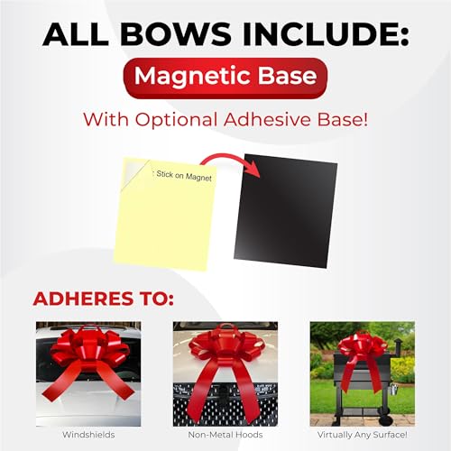 Image of CarBowz Big Car Bow for Car Decorations and Birthday Car Gifts, Large Bow Ribbon, Magnet, Car Safe Sticker Included, Fully Assembled 30 inch Wide Huge Bow, No Suction Cup Needed (Red)