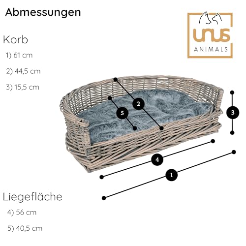 UNUS Hundebett Hundekorb Hundekörbchen aus Weide mit Kissen S für Hunde und Katzen grau 61 x 44,5 x 15,5 cm