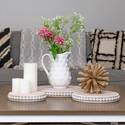 AuldHome Design Farmhouse Beaded Pedestal Tiered Stands (3-Piece Set, Unfinished); Rustic Wood Beaded Tray Stack