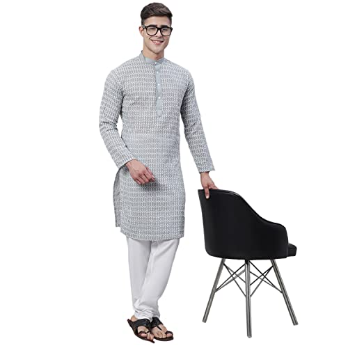 Image of SOJANYA (Since 1958 Men's Pure Cotton Blue Kurta with White Embroidery and White Pyjama Set