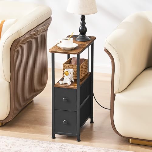 DALEMHOME Narrow End Table with Charging Station, Narrow Side Table with Drawer, Small Nightstand with LED Light, Skinny Nightstand, Small Bedside Table for Living Room, Bedroom, Couch, Rustic Brown