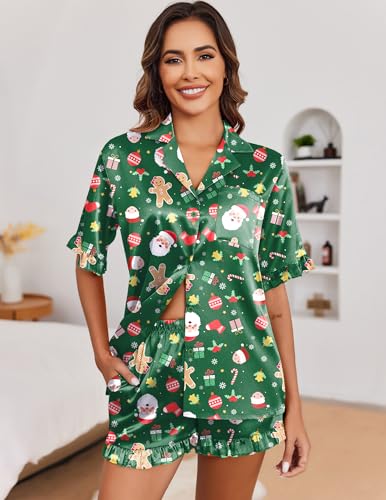 Image of Ekouaer Satin Pajama Set for Women 2 Piece Pj Sets Short Sleeve Sleepwear | Super Soft Silky Summer Loungewear Set with Ruffle Short Sleeve Top and Pocket Shorts, Casual Travel Daily Gift