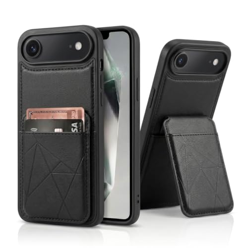 Image of amazon basics Premium Vegan Leather Back Cover with Card Holder and Integrated Mobile Stand for iPhone 17 Air - Slim Shockproof Wallet Case with Geometric Stitching [Black]