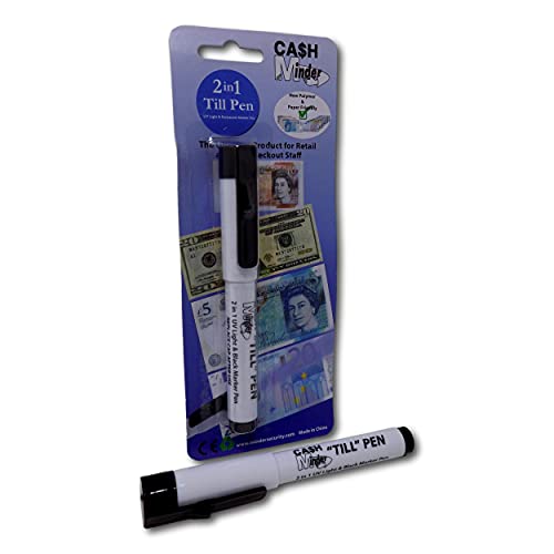 Minder 2 in 1 Forged Note Till Pen with Integrated UV Light - Ideal for Detecting Counterfeit Paper and Polymer Currency (Permanent Ink - Black, 2 Pens)