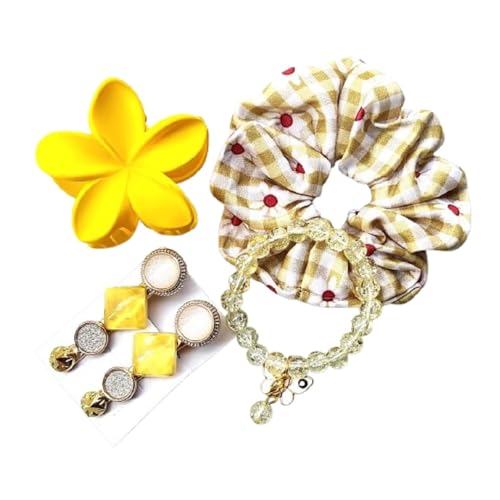 Image of Hair Accessories Set, Yellow Flower Clip, Polka Dot Scrunchie with Beaded Bracelet, Statement Earrings