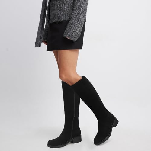 Image of Dsevht Black Knee High Boots for Women Faux Leather Elastic Low Heel Round Square Toe Side Zipper Fall Long Tall Boot