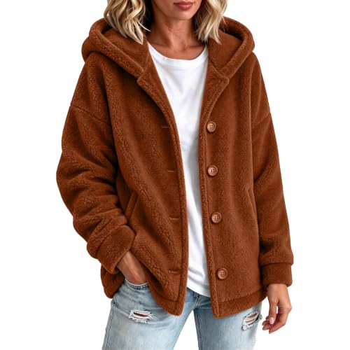 Sherpa Fleece Jacket Women Warm Cozy Button Up Hooded Teddy Coats Brown - image 4