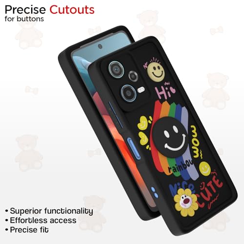 Image of Pikkme Back Cover for Redmi Note 12 Pro 5G | Soft Silicone| Cute Rainbow Smile & 3D Cartoon Flower Design | Shockproof Raised Camera Protection Bumper Case (Black)