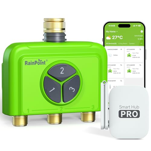 RAINPOINT Bewässerungscomputer WLAN 3 Ausgänge mit Gateway Messing EIN- und Ausgang App- & Sprachsteuerung Automatische Regenverzögerung Bewässerungssystem für Garten und Rasen