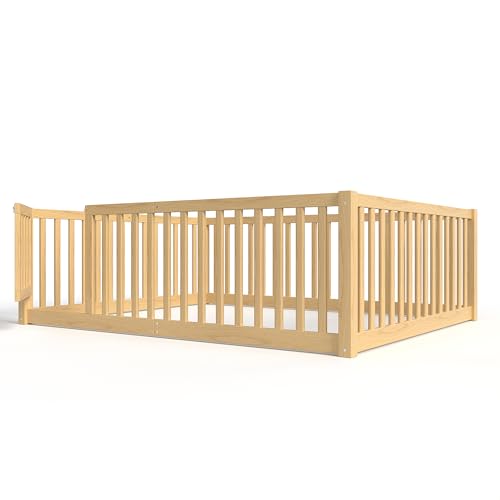 Image of Bellemave Full Size Kids Montessori Floor Bed with Door,Solid Wood Floor Bed Frame with High Fence for Girls,Boys,Natural