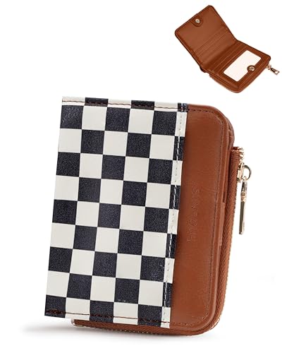Image of Small Bifold Wallets Woman RFID Mini Wallet for Women Slim Card Holder with Zipper Coin Pocket & 2 ID Windows(Checkered)