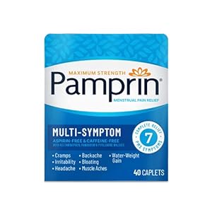 Pamprin Multi-Symptom Formula, with Acetaminophen, Menstrual Period Symptoms Relief including Cramps, Pain, and Bloating, 40 Caplets