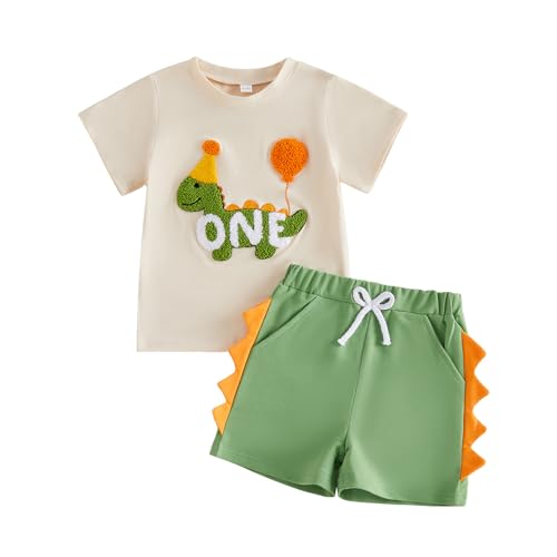 CREAIRY Toddler Baby Boy 1st 2nd Birthday Outfit Dinosaur Short Sleeve T-Shirt Tops Shorts Set Summer Clothes (One 12-18 Months)
