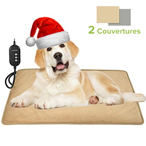 OMORC Tapis Chauffant Chat Extérieur, Coussin Chauffant Chien Domestique Électrique, 75 * 45cm, 3 Réglages de Température & Minuterie, Basse Tension DC 12V Sûre, pour Niche Matelas, 2 Couvertures