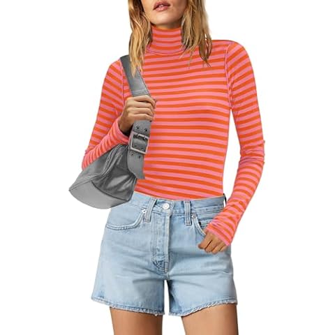 Yanekop Womens Striped Turtleneck Shirt Long Sleeve Striped Shirts Ribbed Knit Slim Fit Top Fitted Basic Tees(A Orange Pink,XL) Cover
