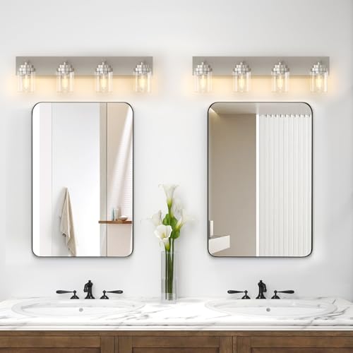 Image of IZORRO Bathroom Vanity Light Fixture, 4-Light 30 Inch Brushed Nickel Bathroom Light Fixtures Over Mirror, with Clear Glass Shade, Modern Farmhouse Vanity Lights, Rustic Restroom Lighting Fixtures