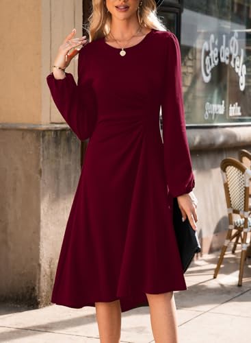 Image of Happy Sailed Women's Long Sleeve Ruched Waist Flowy A Line High Low Midi Cocktail Party Dress