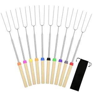 10 Pack Smores Sticks, 32 Inch Marshmallow Roasting Sticks for Fire Pit, Extendable Roasting Skewers with Bag, Hot Dog Fork, Smores Kit for Campfire Camping Essentials