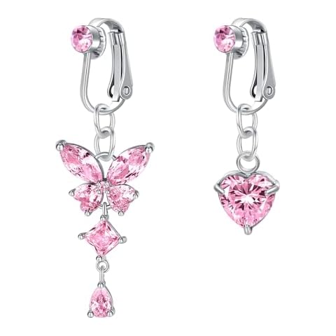QWALIT Fake Belly Button Ring Clip on Belly Rings Fake Belly Button Piercing Jewelry Heart Butterfly Pink Faux Fake Belly Piercings Dangling non Piercing Navel Ring Cover