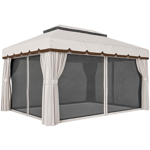Outsunny Cenador de Jardín 4x3 m, Pabellón de Jardín Gazebo con Doble Techo, 4 Cortinas y Mosquitera, Marco de Aluminio, Orificios de Drenaje, UPF50+, Carpa para Exterior, Terraza, Patio, Blanco Crema