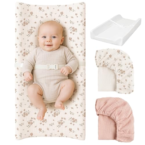 Image of Konssy Muslin Changing Pad with Waterproof Lining Foam, Includes 2 Pack Soft & Cotton Cover, Baby Diaper Changing Pad for Dresser or Table, 32x16 inches (Blossom,Pink)